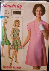 6960 Simplicity 1967 DESIGNER PRINCESS PLEAT DRESS SLEEVES OR NOT PATTERN 10 31B OR 12 32B CHOICE UNCUT